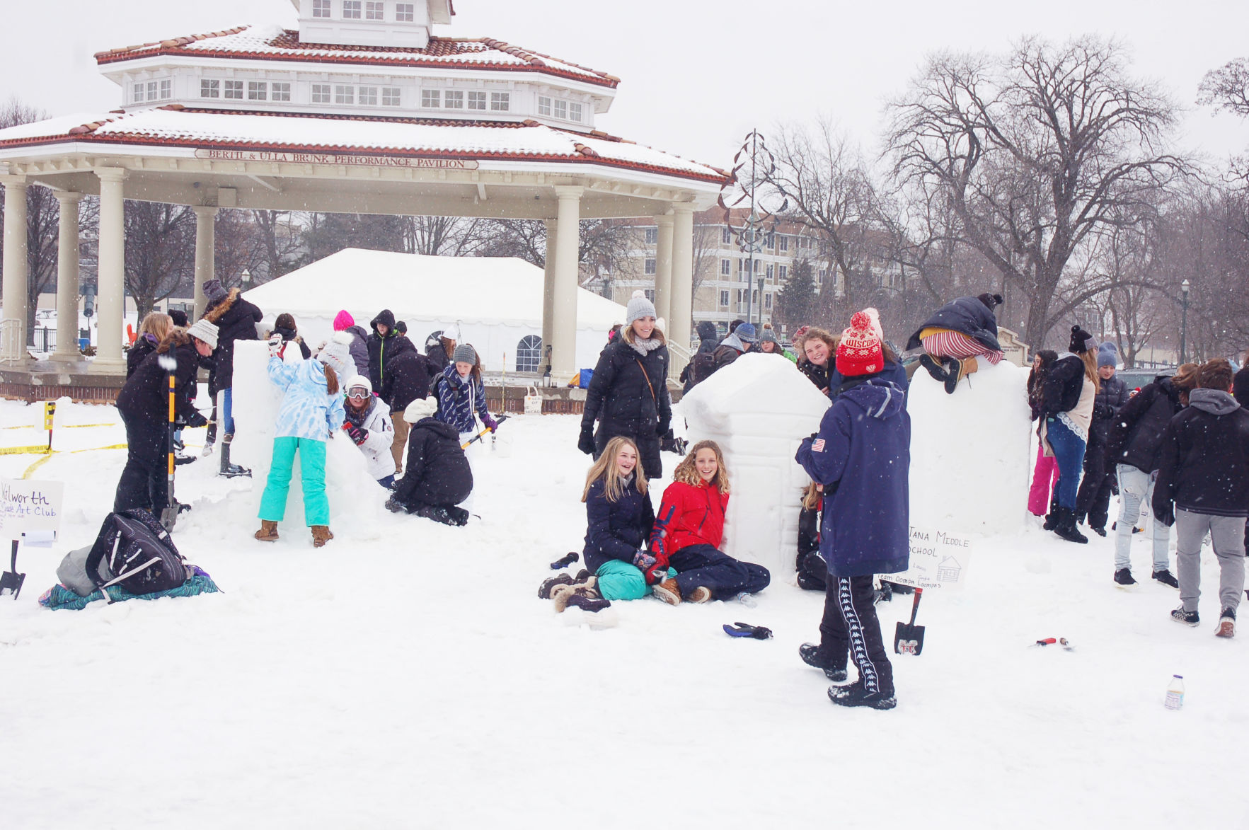 Kids snow sculptures at Flat Iron Park
